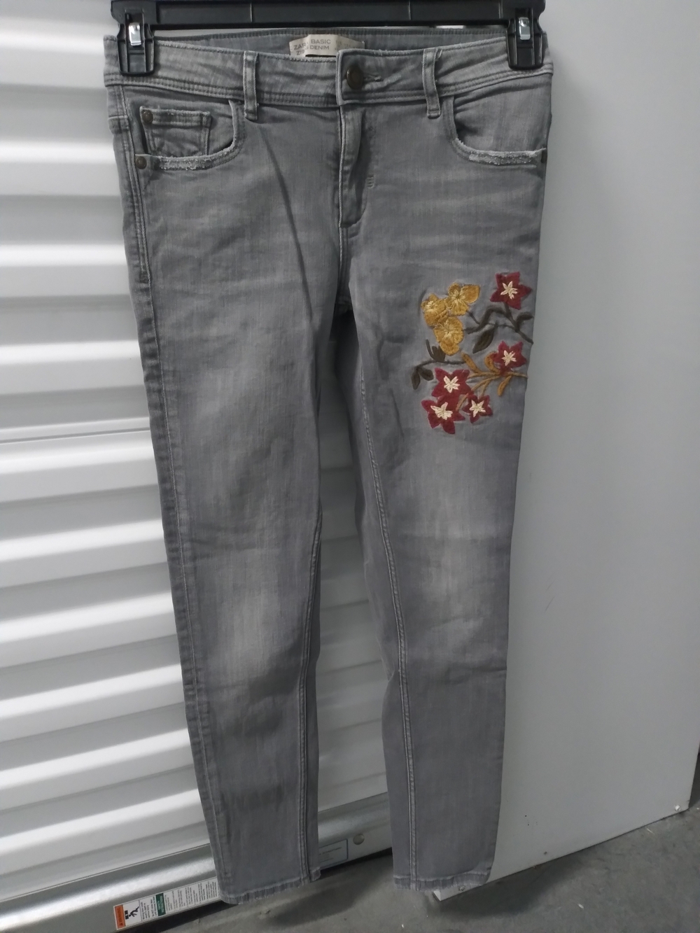 Zara Grey Skinny Jeans with Red & Gold Floral Embroidery